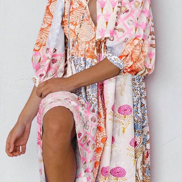 Multicolor Boho Women's Lantern Sleeve Maxi Dress V Neck Tie Patchwork Print - Picture 3 of 5